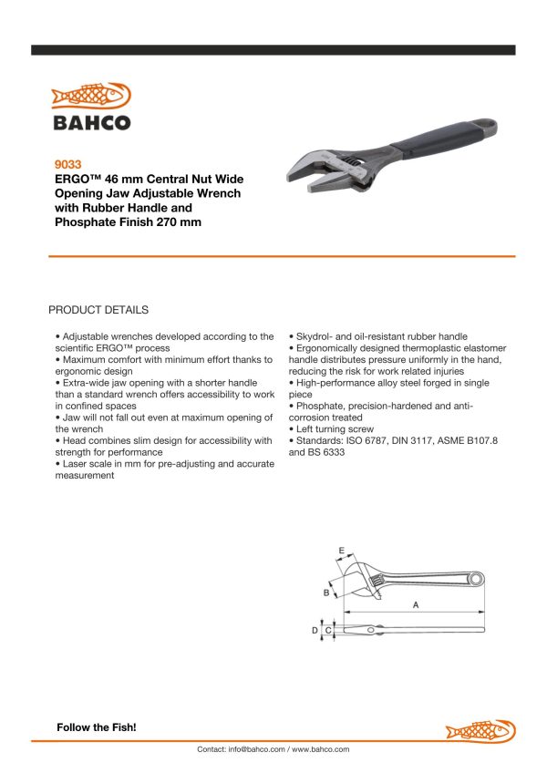 Bahco Adjustable wrench, 10" 270mm, extra wide jaw opening to 46.5mm, warm handle, phosphated - Image 5