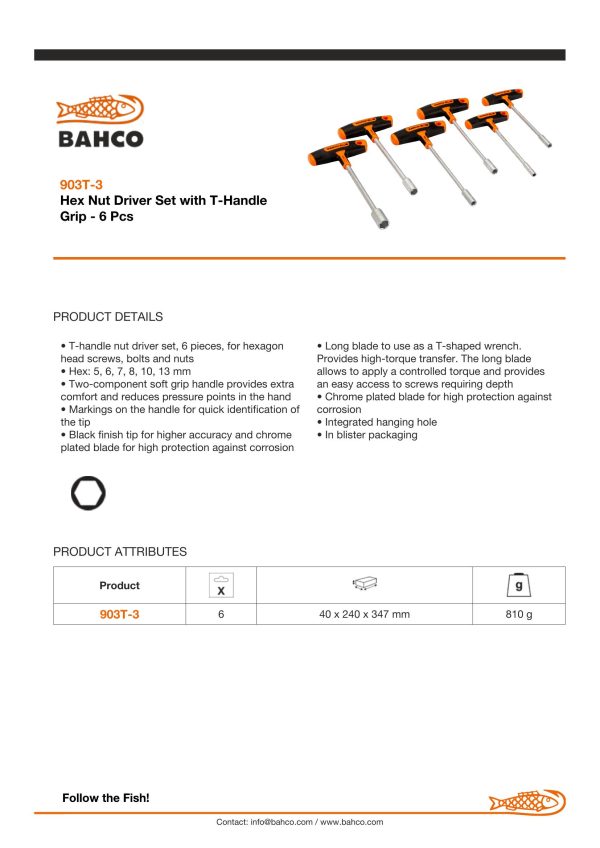 Bahco 6 piece T-Handle Nut Driver Screwdriver Set - Image 5