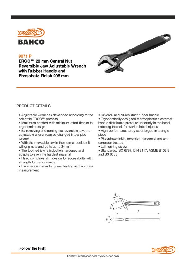 Bahco Adjustable wrench combination, 8", 200mm, warm handle, phosphated, 28mm opening - Image 6