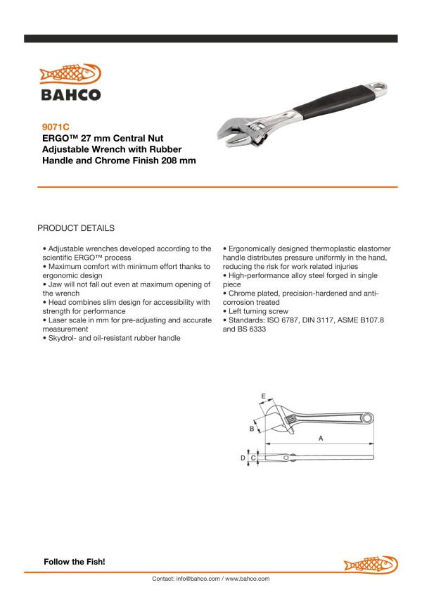 Bahco Adjustable wrench, 8", 200mm, warm handle, chrome, 27mm opening - Image 5