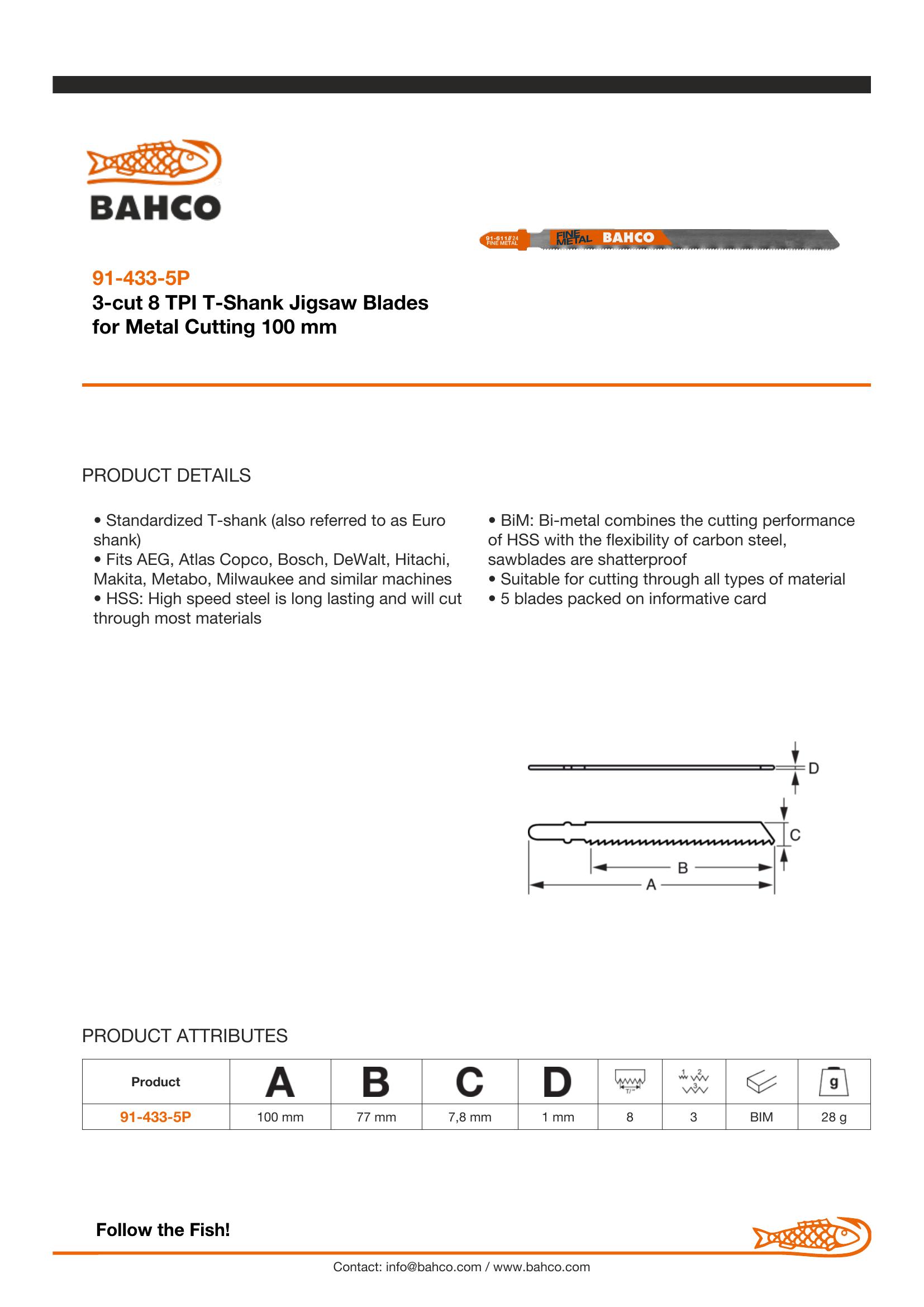 Bahco Jigsaw blades, bi-metal, Euro shank, 100mm, 8 TPI, 5 blades/card - Image 2