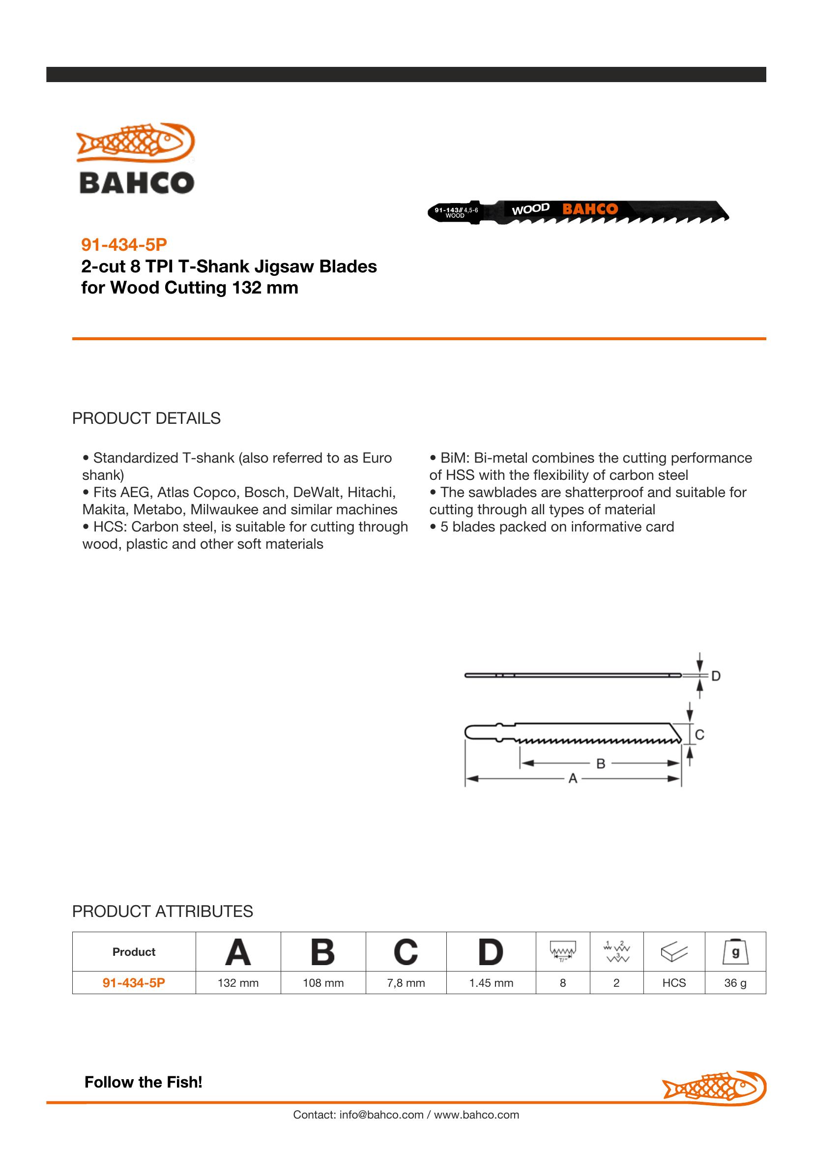 Bahco Jigsaw blades, bi-metal, Euro shank, 116mm, 8 TPI, 5 blades/card - Image 2