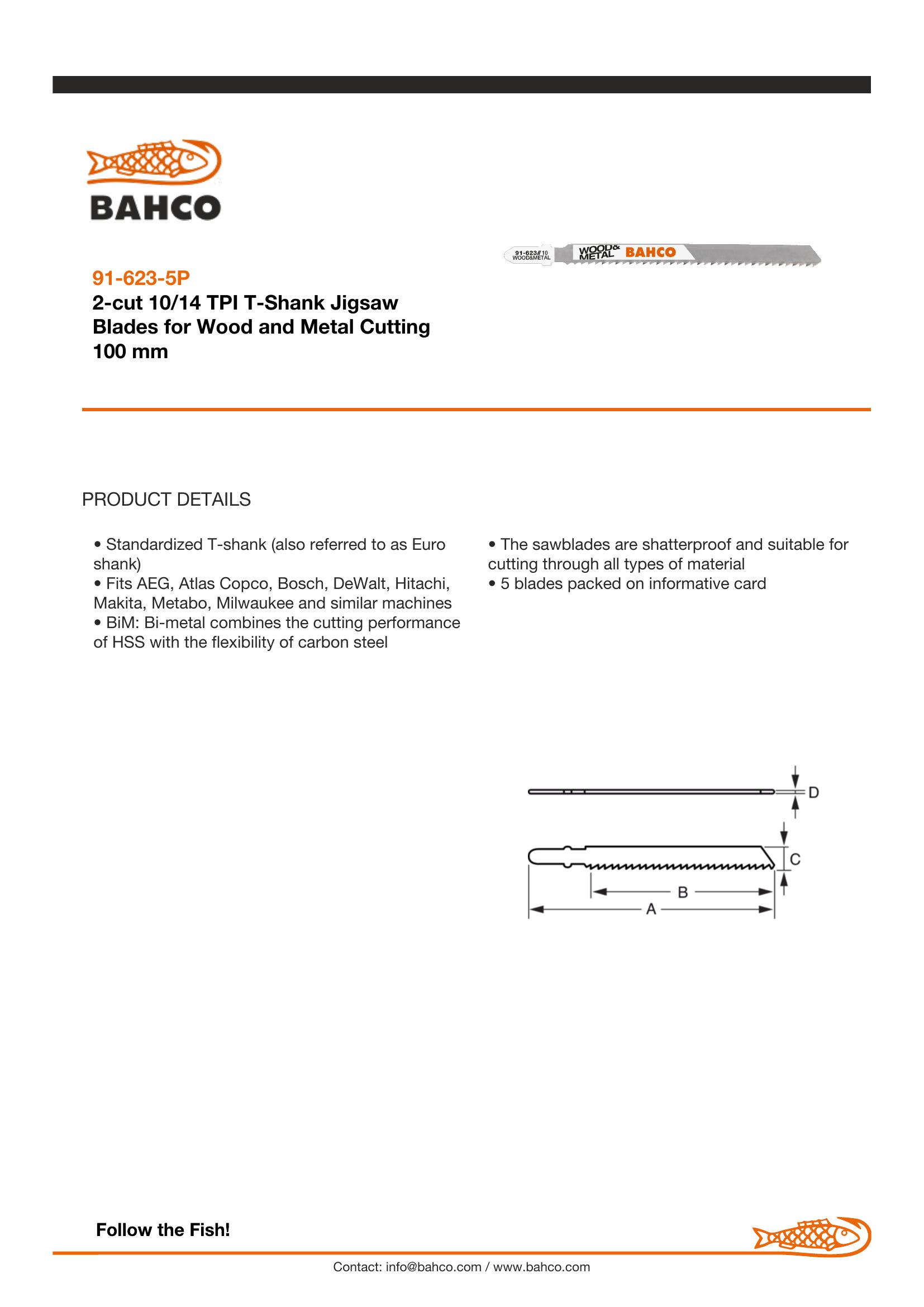 Bahco Jigsaw blades, bi-metal, Euro shank, 116mm, 10 TPI, 5 blades/card - Image 3