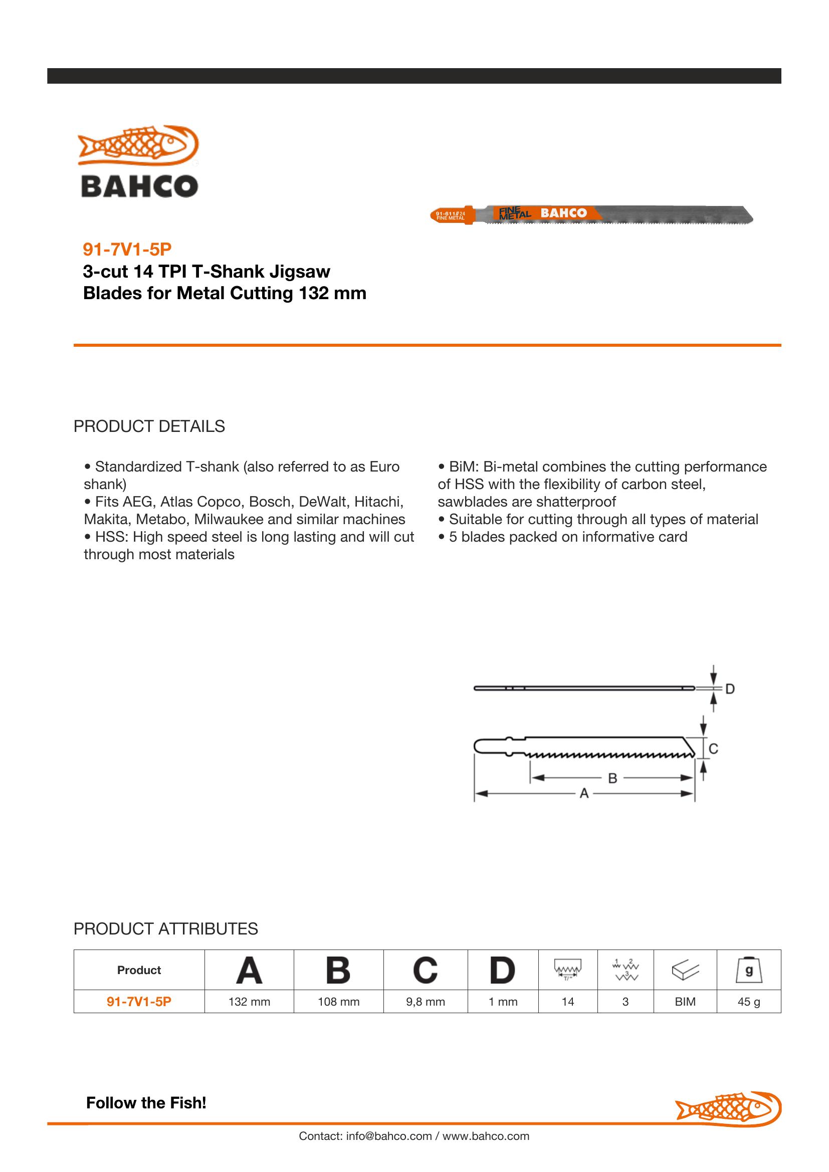 Bahco Jigsaw blades, bi-metal, Euro shank, variable teeth, 132mm, 14/10 TPI, 5 blades/card - Image 2
