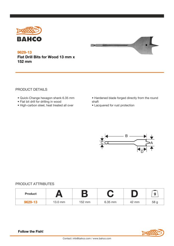 Bahco Flat Drill Bits for Wood 13 mm x 152 mm - Image 4