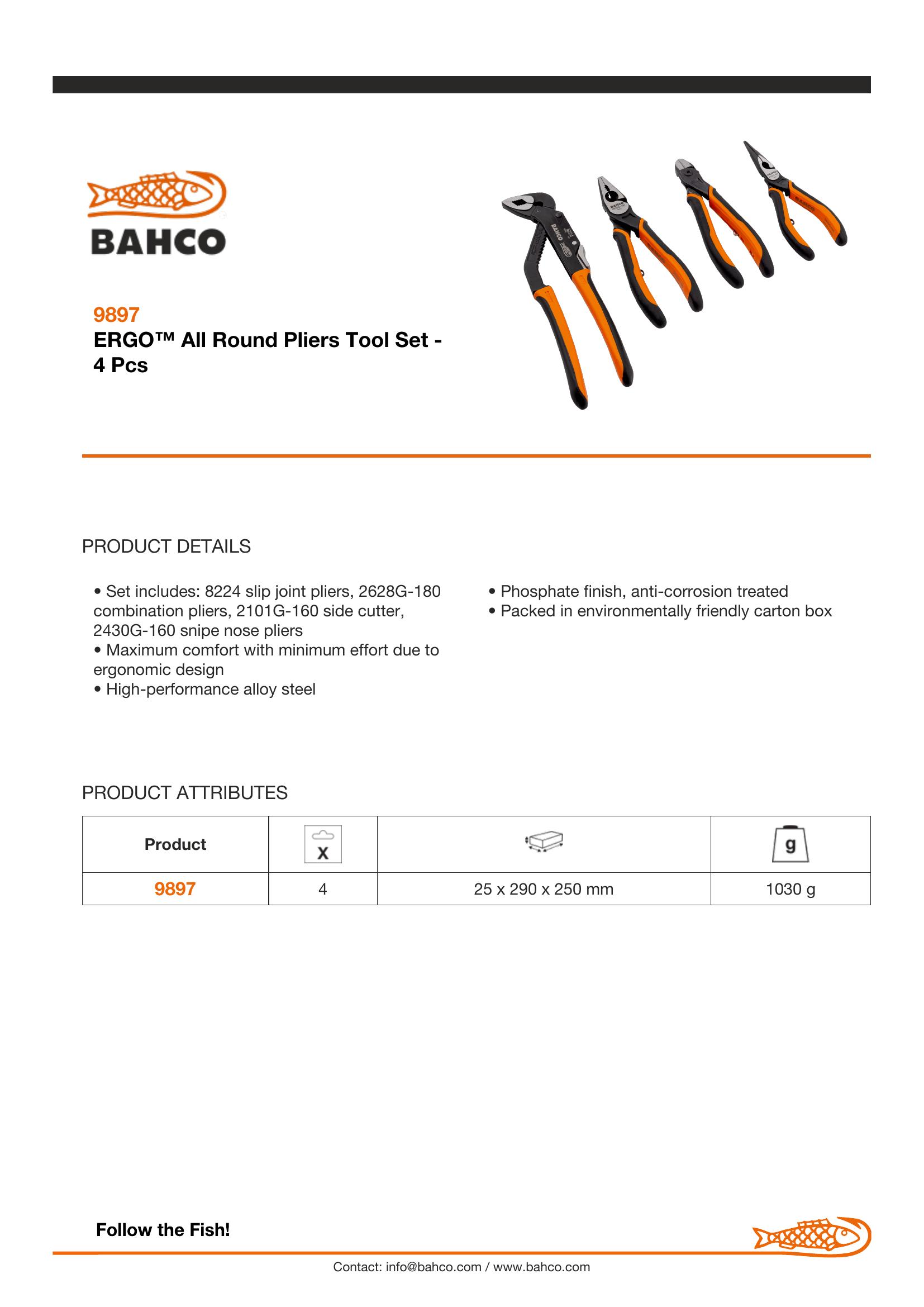 Bahco 4 piece Plier Set - Set includes: Slip Joint Plier, Side Cutting Plier, Combination Plier & Long Nose Plier - Image 5