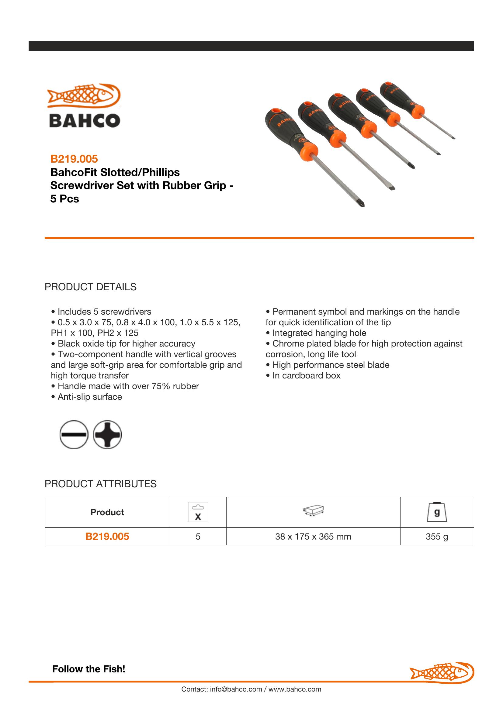 Bahco 5 pce screwdriver set - 3 x Slotted - 3.0 x 75, 4.0 x 100, 5.5 x 125, 2 x Phillips PH1 x 100, PH2 x 125 - BahcoFit - Image 4