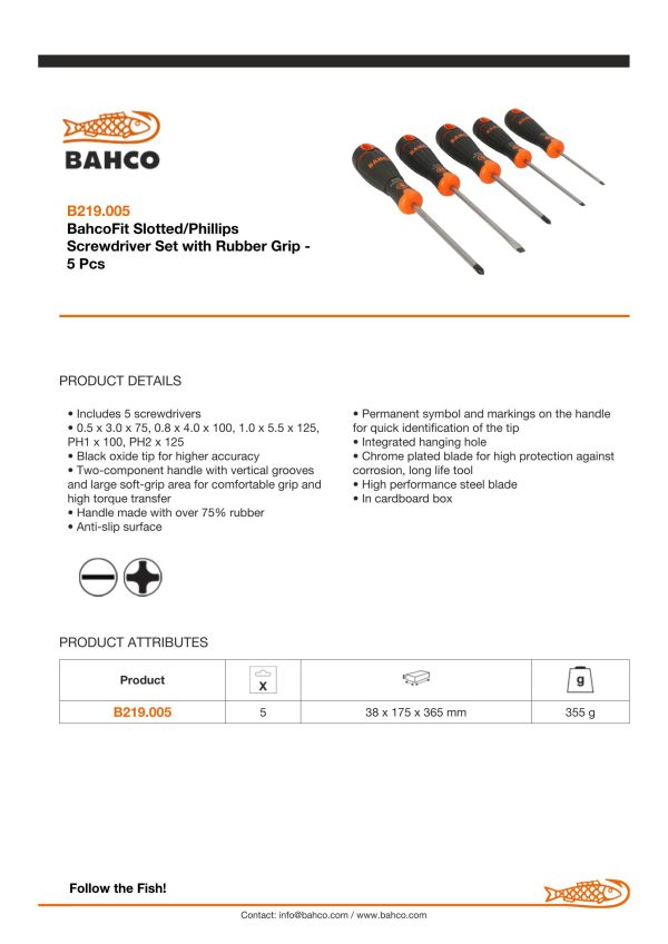 Bahco 5 pce screwdriver set - 3 x Slotted - 3.0 x 75, 4.0 x 100, 5.5 x 125, 2 x Phillips PH1 x 100, PH2 x 125 - BahcoFit - Image 4