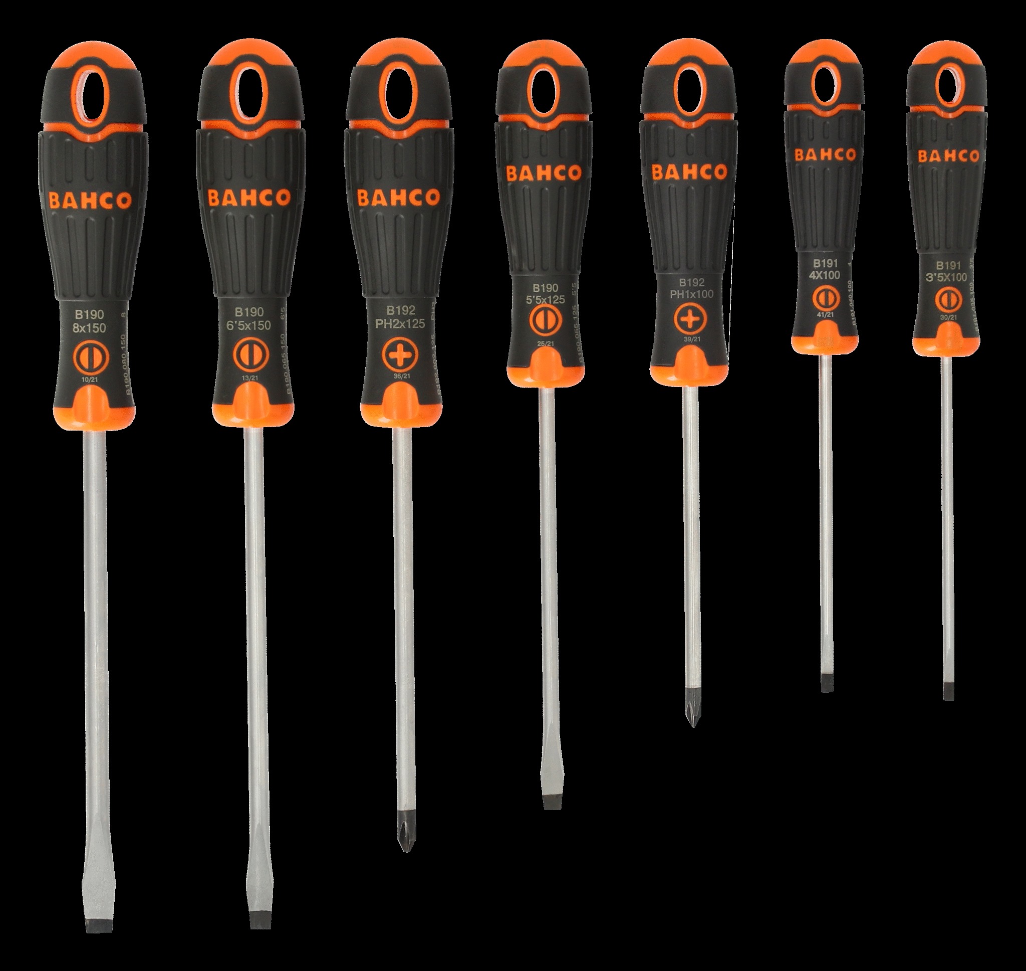Bahco 7 pce screwdriver set - 5 x Slotted - 3.5 x 100, 4.0,100, 5.5 x 125, 6.5 x 125 8.0 x 150, 2 x Phillips PH1 x 100, PH2 x 125 - BahcoFit - Image 2