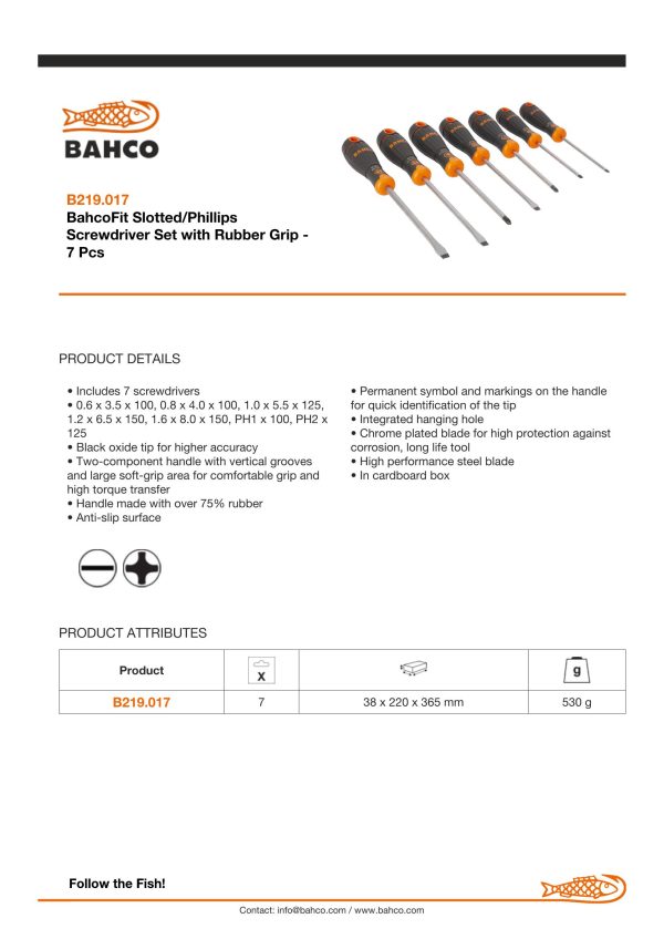 Bahco 7 pce screwdriver set - 5 x Slotted - 3.5 x 100, 4.0,100, 5.5 x 125, 6.5 x 125 8.0 x 150, 2 x Phillips PH1 x 100, PH2 x 125 - BahcoFit - Image 5