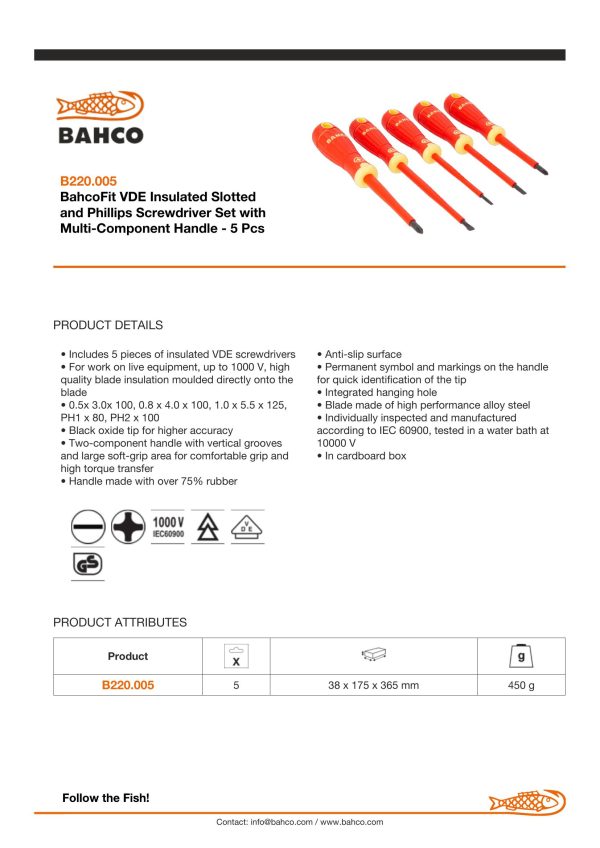Bahco 5 pce 1000v screwdriver set - 3 x Slotted - 3.5 x 100, 4 x 100, 5.5 x 125, 2 x Phillips - PH 1 x 80 , PH 2 x 100 - BahcoFit - Image 5