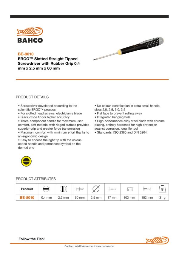 Bahco ERGO handled Screwdriver, slotted head, flat tip, 152mm, blade 50mm, tip 2.5mm - Image 6