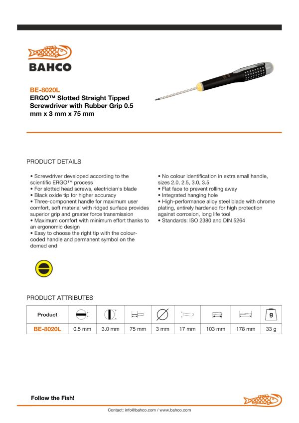 Bahco ERGO handled Screwdriver. Slotted head, Flared Tip, 197mm, blade 75mm, 3.0mm tip - Image 6