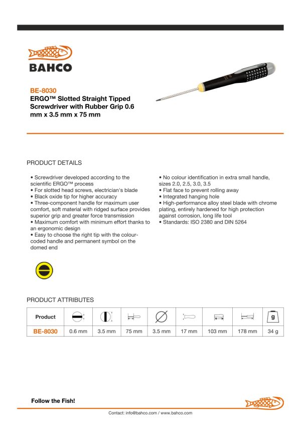 Bahco ERGO handled Screwdriver, slotted head, flat tip, 197mm, blade 75mm, tip 3.5mm - Image 6