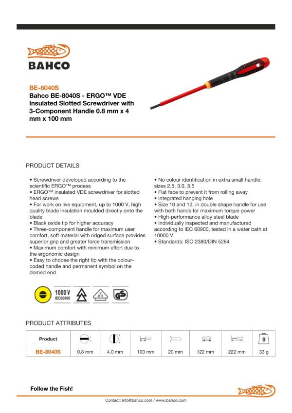 Bahco ERGO handled Screwdriver, insulated to 1000V, slotted head, 222mm blade, 100mm, tip 4.0mm - Image 6
