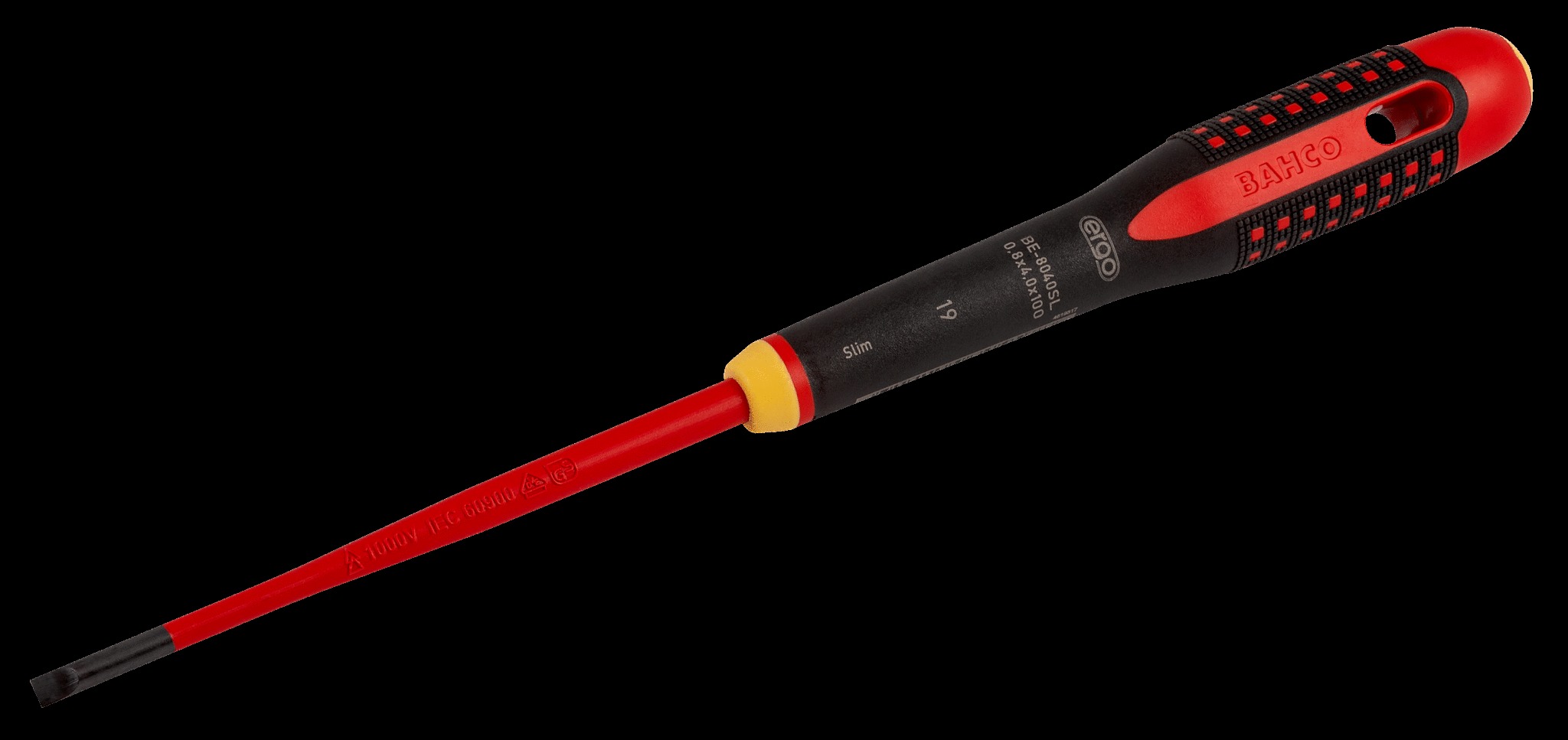 Bahco ERGO handled Slim Line 1000v insulated Screwdriver -Slotted 5.5mm tip, blade length 125mm