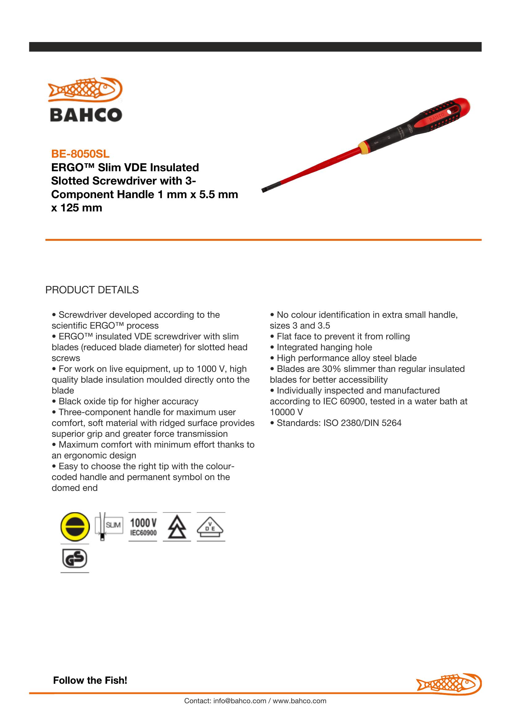 Bahco ERGO handled Slim Line 1000v insulated Screwdriver -Slotted 5.5mm tip, blade length 125mm - Image 5