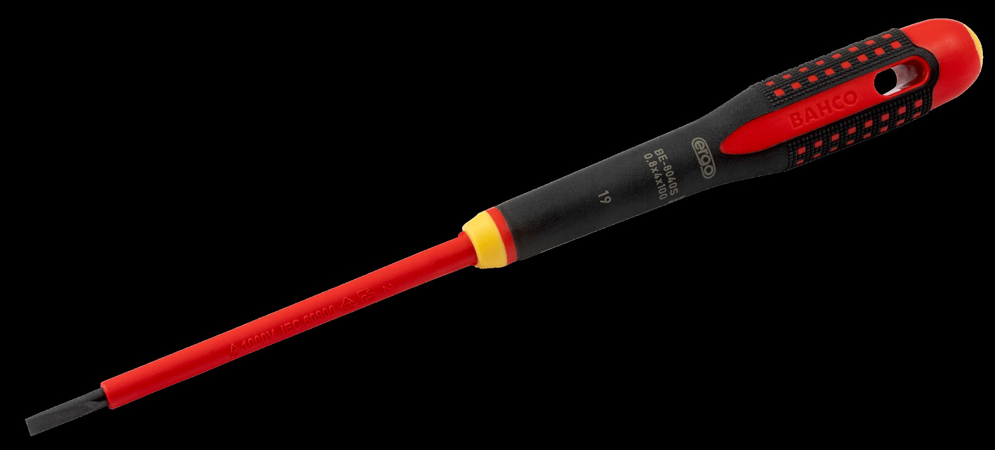 Bahco ERGO handled Screwdriver, insulated to 1000V, slotted head, 297mm blade, 175mm, tip 8.0mm
