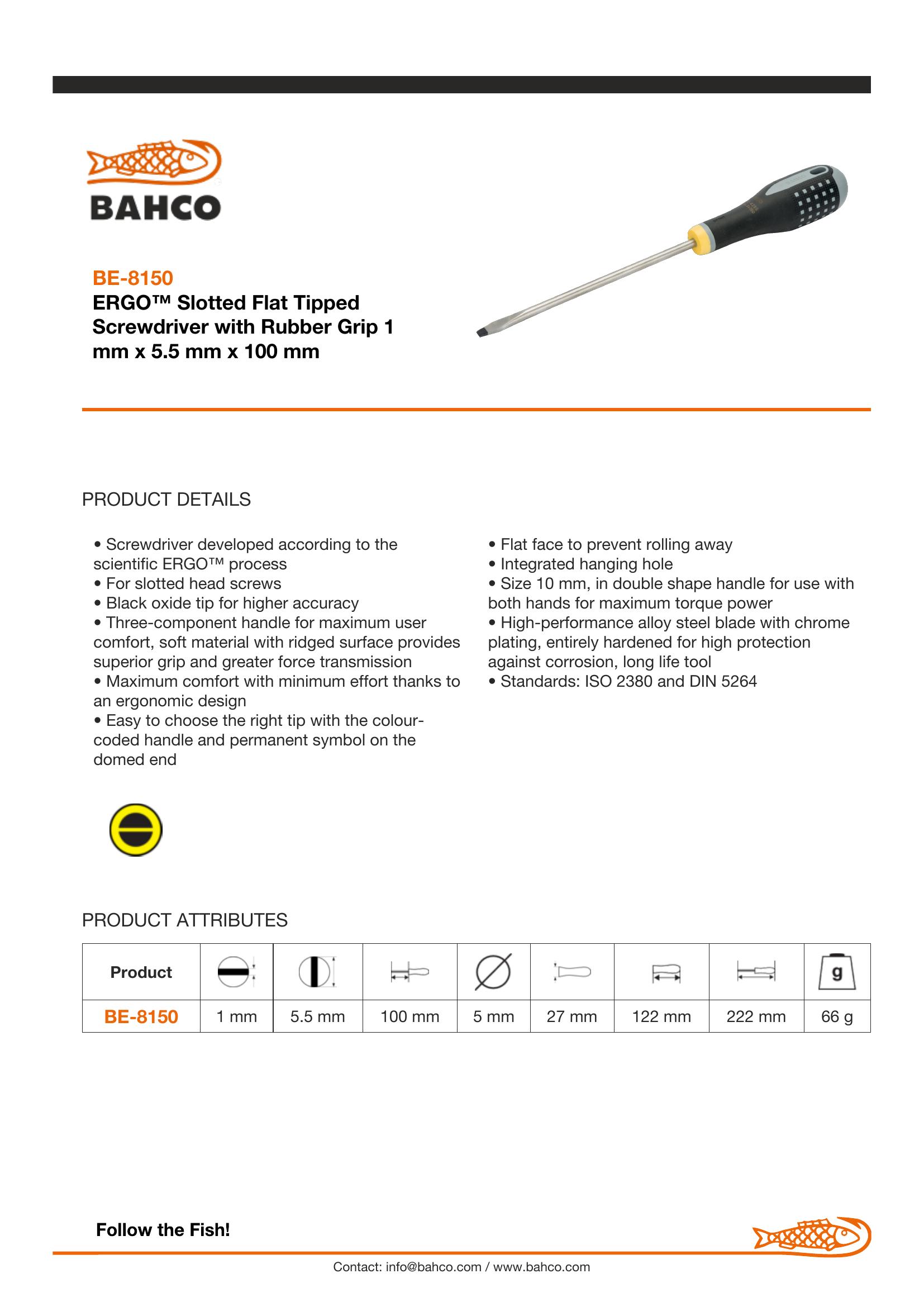 Bahco ERGO handled Screwdriver, slotted head, flat tip, 222mm, blade 100mm, tip 5.5mm - Image 4