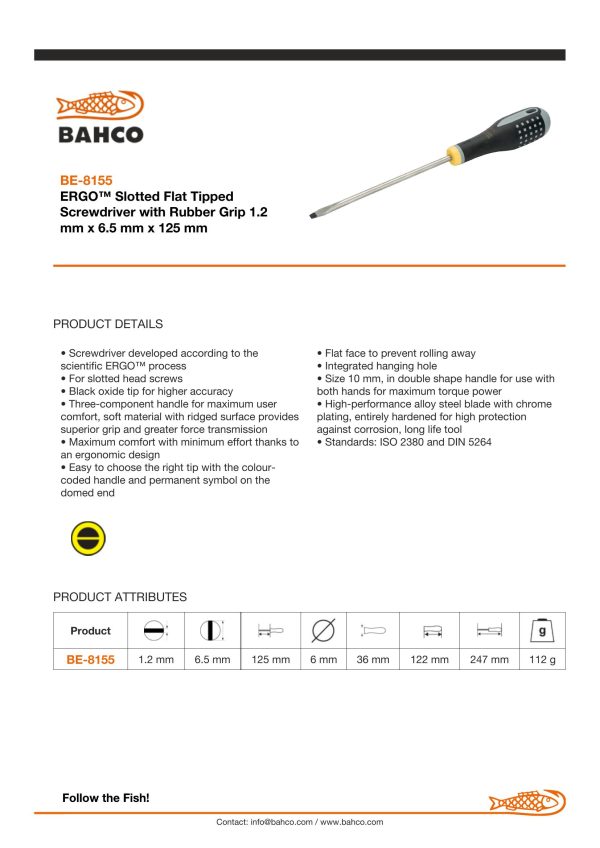 Bahco ERGO handled Screwdriver, slotted head, flat tip, 247mm, blade 125mm, tip 6.5mm - Image 4