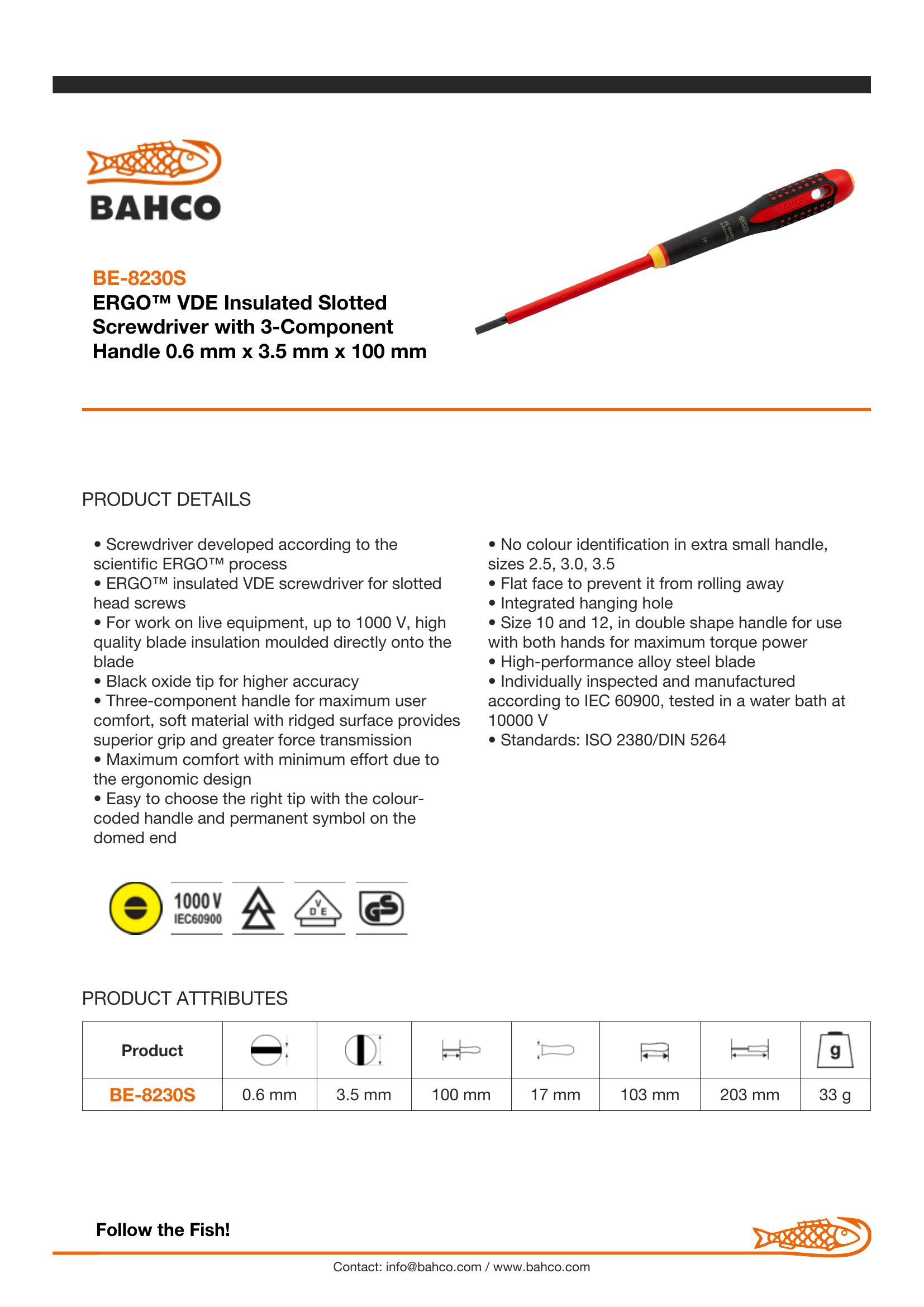Bahco ERGO handled Screwdriver, insulated to 1000v, slotted, 222mm blade 100mm, 3.5mm tip - Image 6