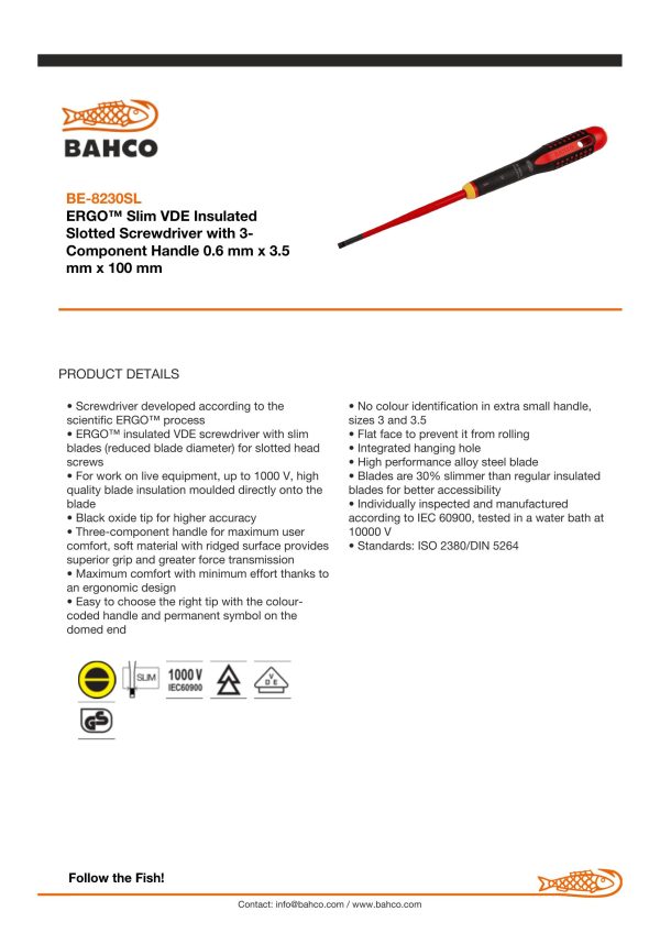 Bahco ERGO handled Slim Line 1000v insulated screwdriver - Slotted 3.5mm tip, blade length 100mm - Image 5