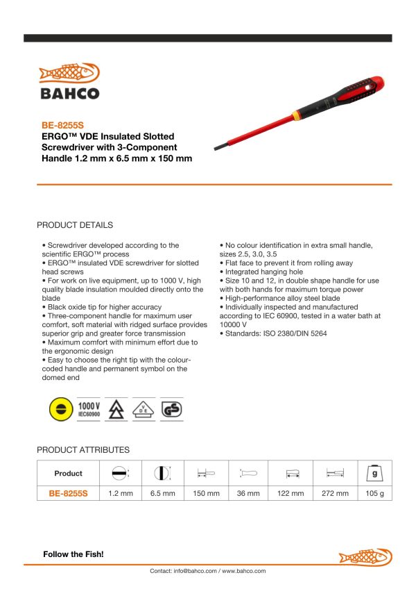 Bahco ERGO handled Screwdriver, insulated to 1000v, slotted, 272mm blade 150mm, 6.5mm tip - Image 6