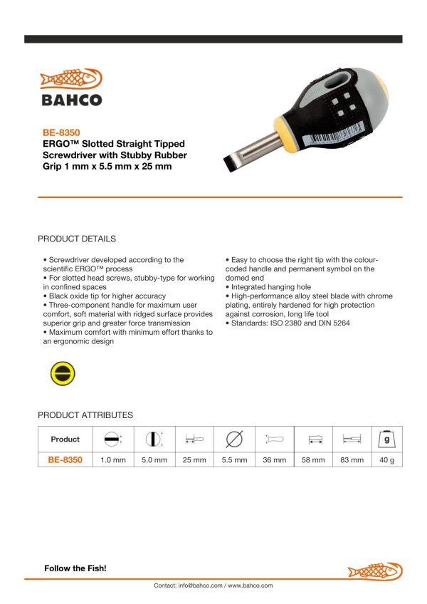 Bahco ERGO handled Screwdriver, slotted head, square shank, flat tip, 83mm, blade 25mm, tip 5.5mm. - Image 4