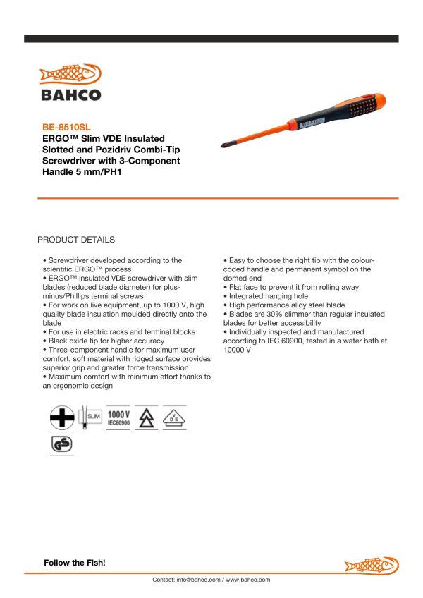 Bahco ERGO handled Slim Line 1000v insulated screwdriver - Combi Tip - Slotted 5mm / PH1, -blade length 80mm - Image 3