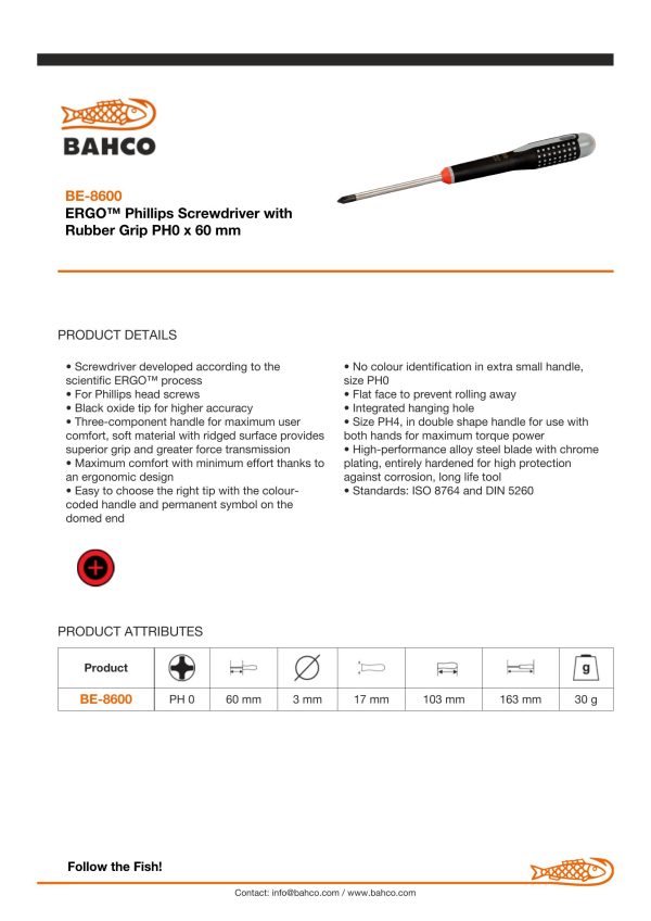 Bahco ERGO handled Screwdriver, Philips head, 162mm, blade 60mm, No. 0 - Image 5