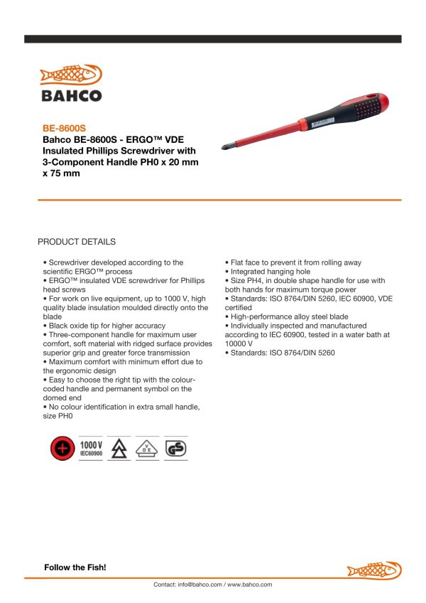 Bahco ERGO handled Screwdriver, insulated to 1000V, Philips head, 162mm blade 60mm, PH 0 - Image 5