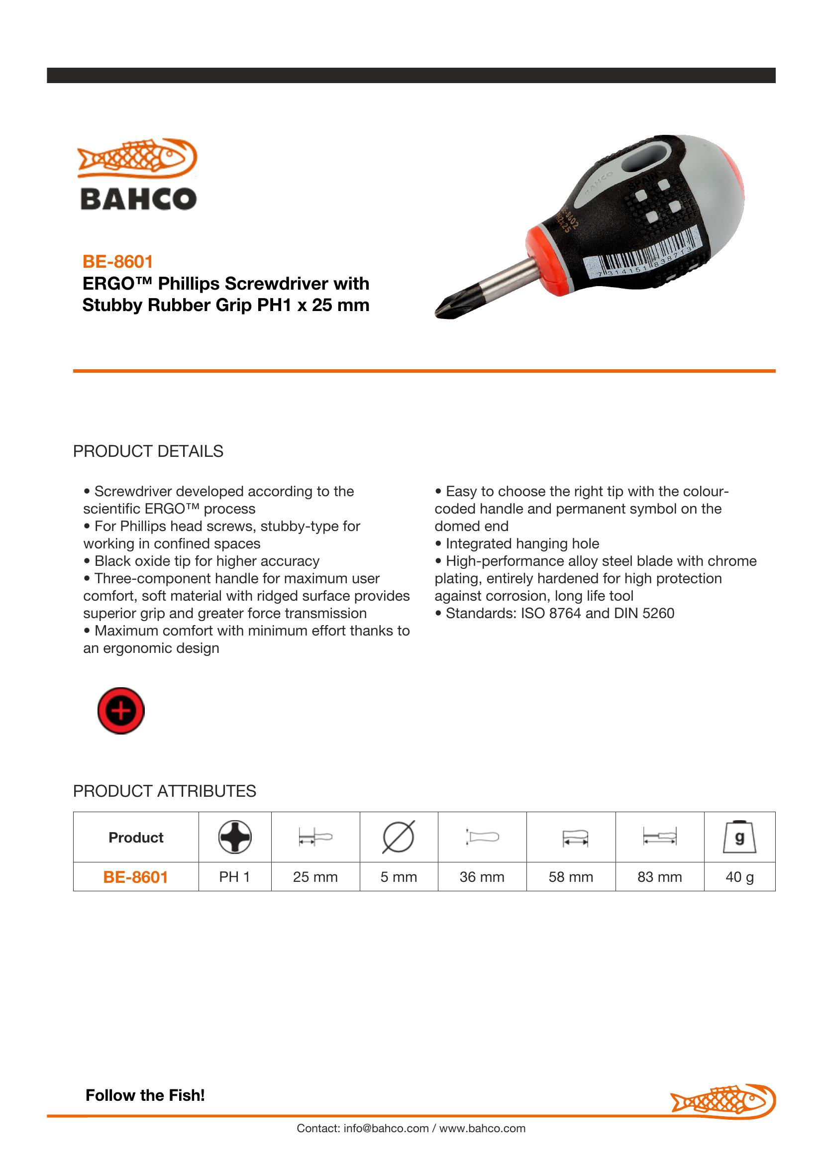 Bahco ERGO handled Screwdriver, Philips head, 83mm, blade 25mm, No. 1 - Image 3