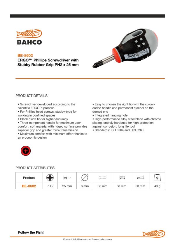 Bahco ERGO handled Screwdriver, Philips head, 83mm, blade 25mm, No. 2 - Image 3