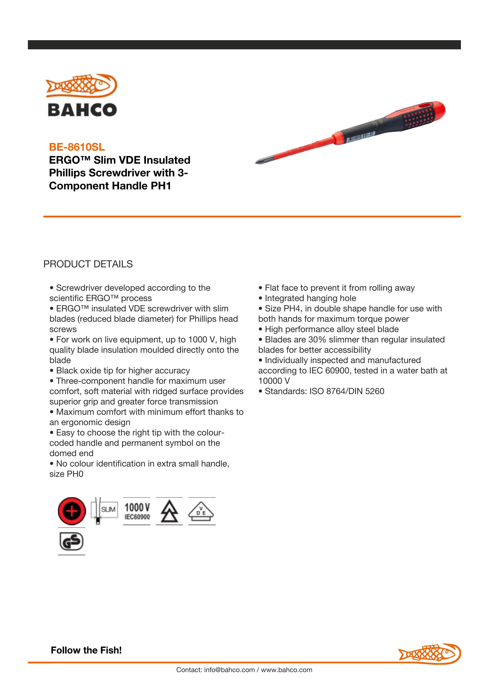 Bahco ERGO handled Slim Line 1000v insulated screwdriver -Phillips Head PH1 - blade length 80mm - Image 4