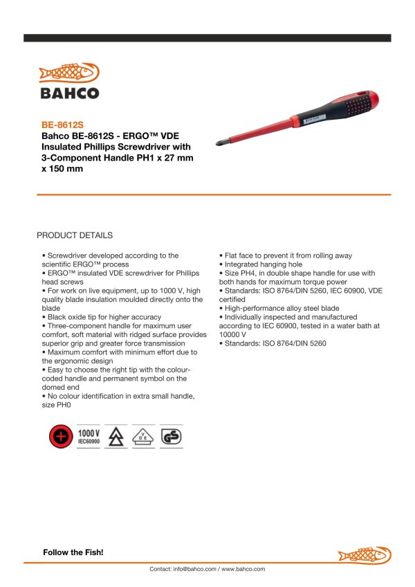 Bahco ERGO handled Screwdriver, insulated to 1000V, Philips head, 150mm blade PH 1 - Image 5