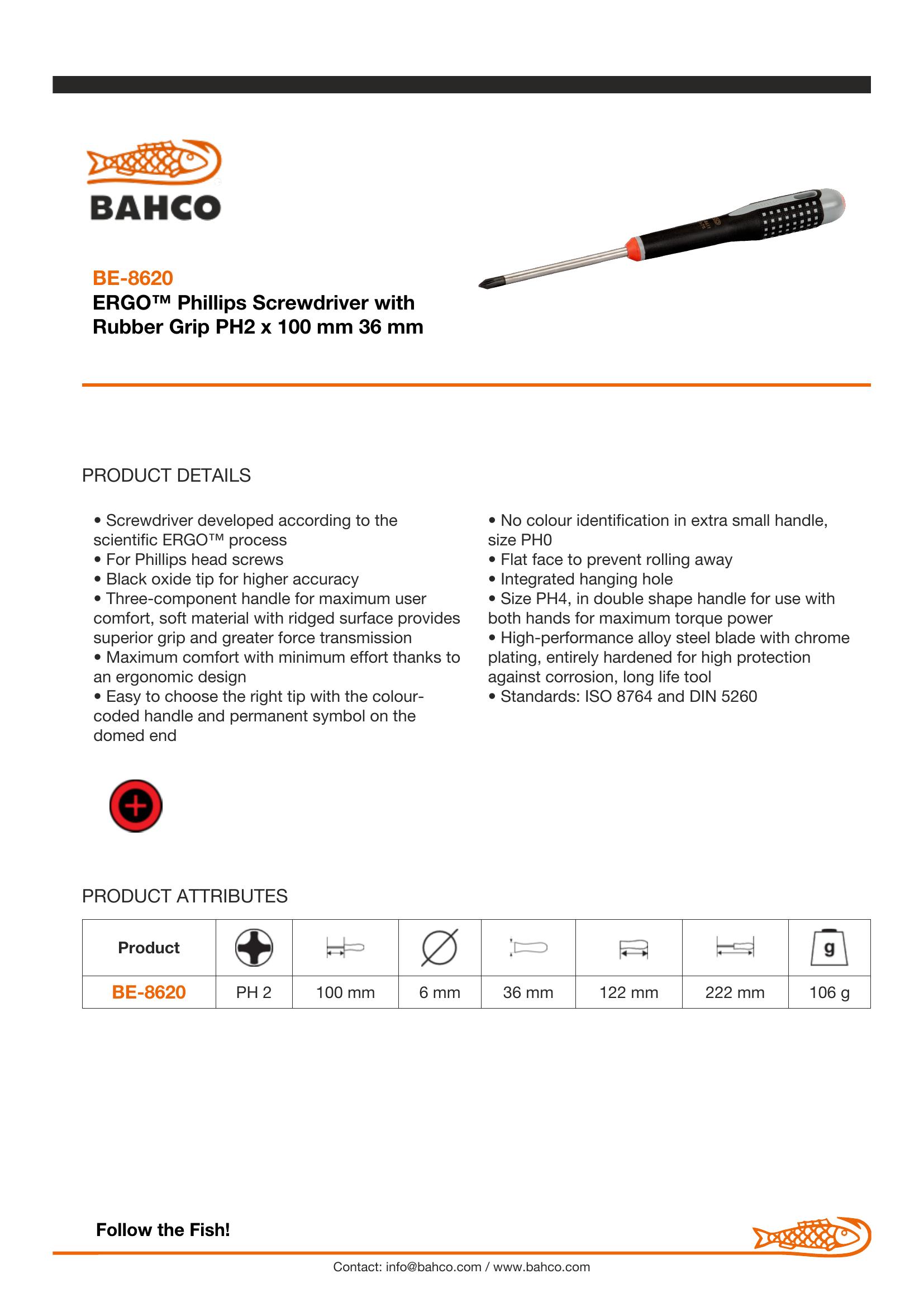 Bahco ERGO handled Screwdriver, Philips head, 222mm, blade 100mm, No. 2 - Image 5