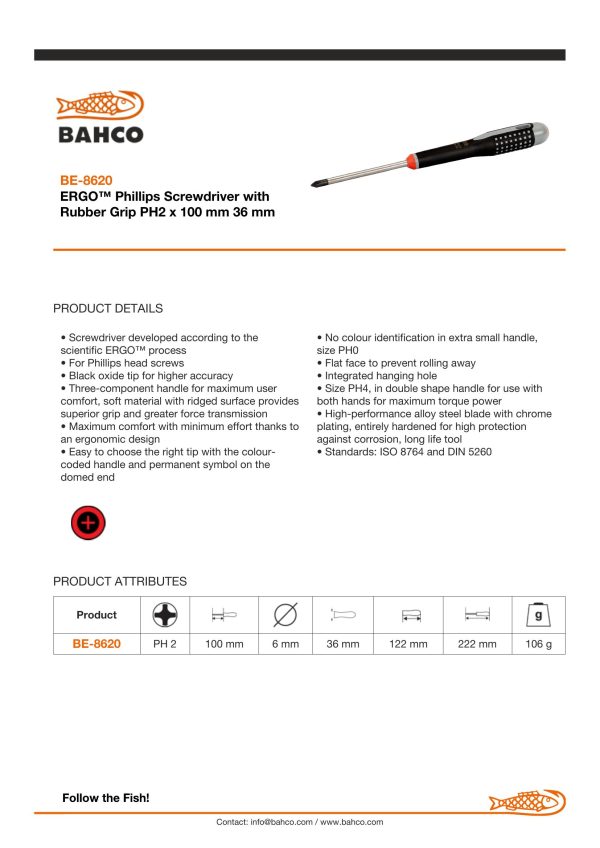Bahco ERGO handled Screwdriver, Philips head, 222mm, blade 100mm, No. 2 - Image 5