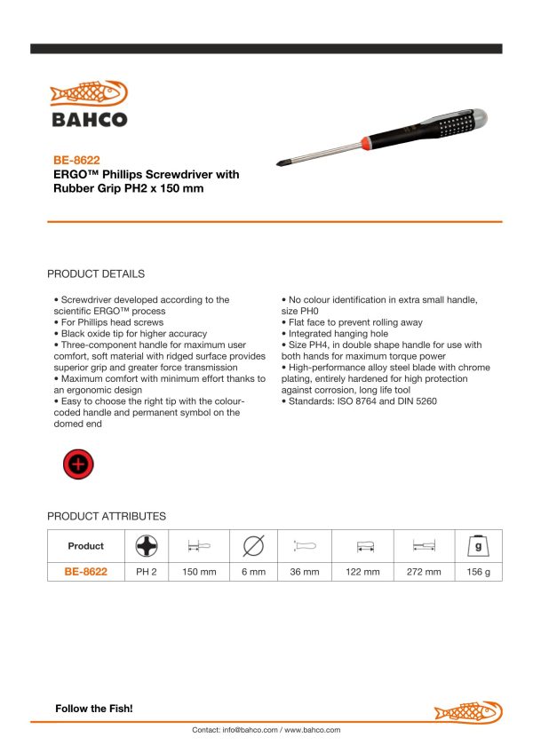 Bahco ERGO handled Screwdriver, insulated to 1000V, Philips head, 175mm, blade PH 2 - Image 5