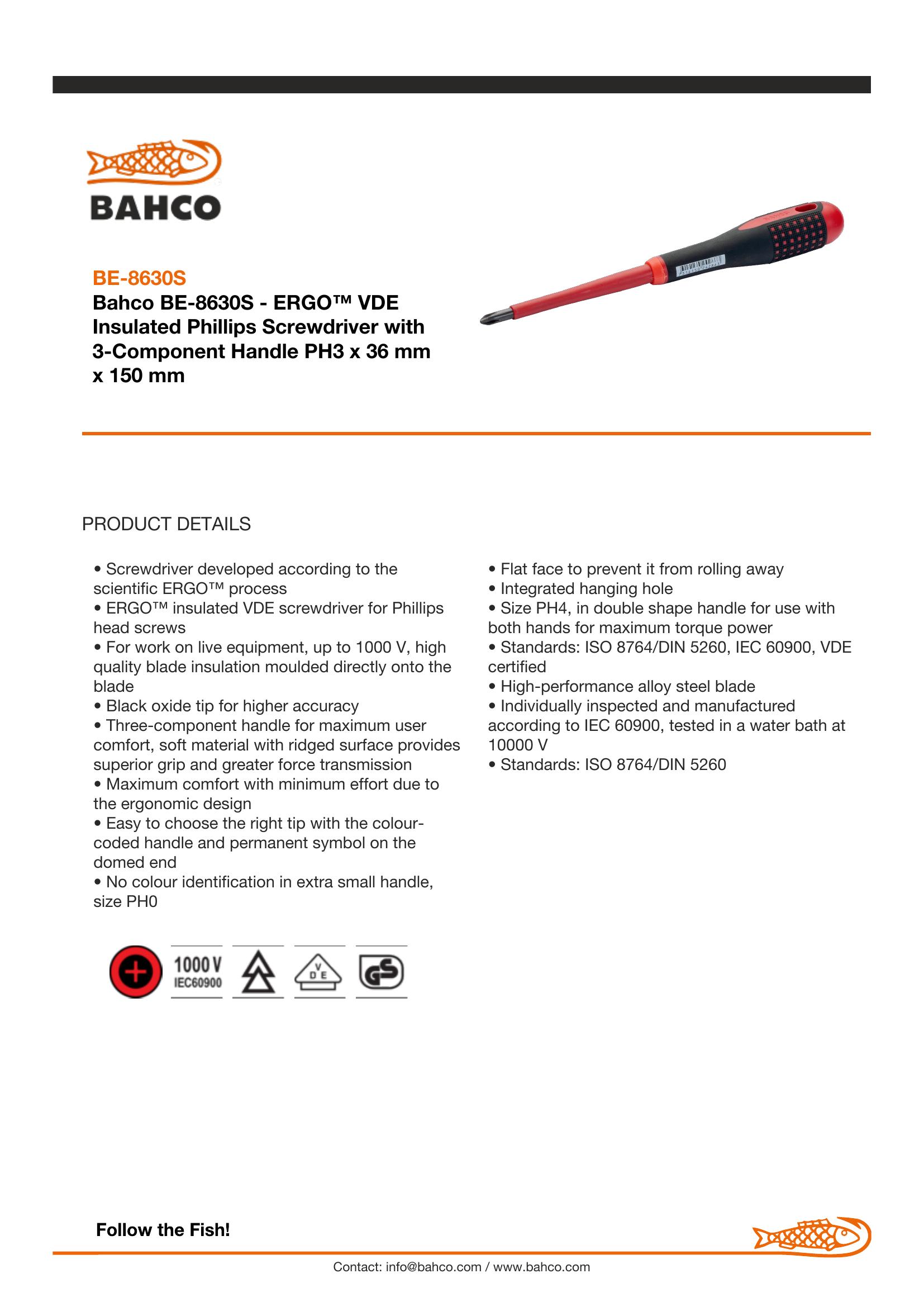 Bahco ERGO handled Screwdriver, insulated to 1000V, Philips head , 272mm blade 150mm, PH 3 - Image 5