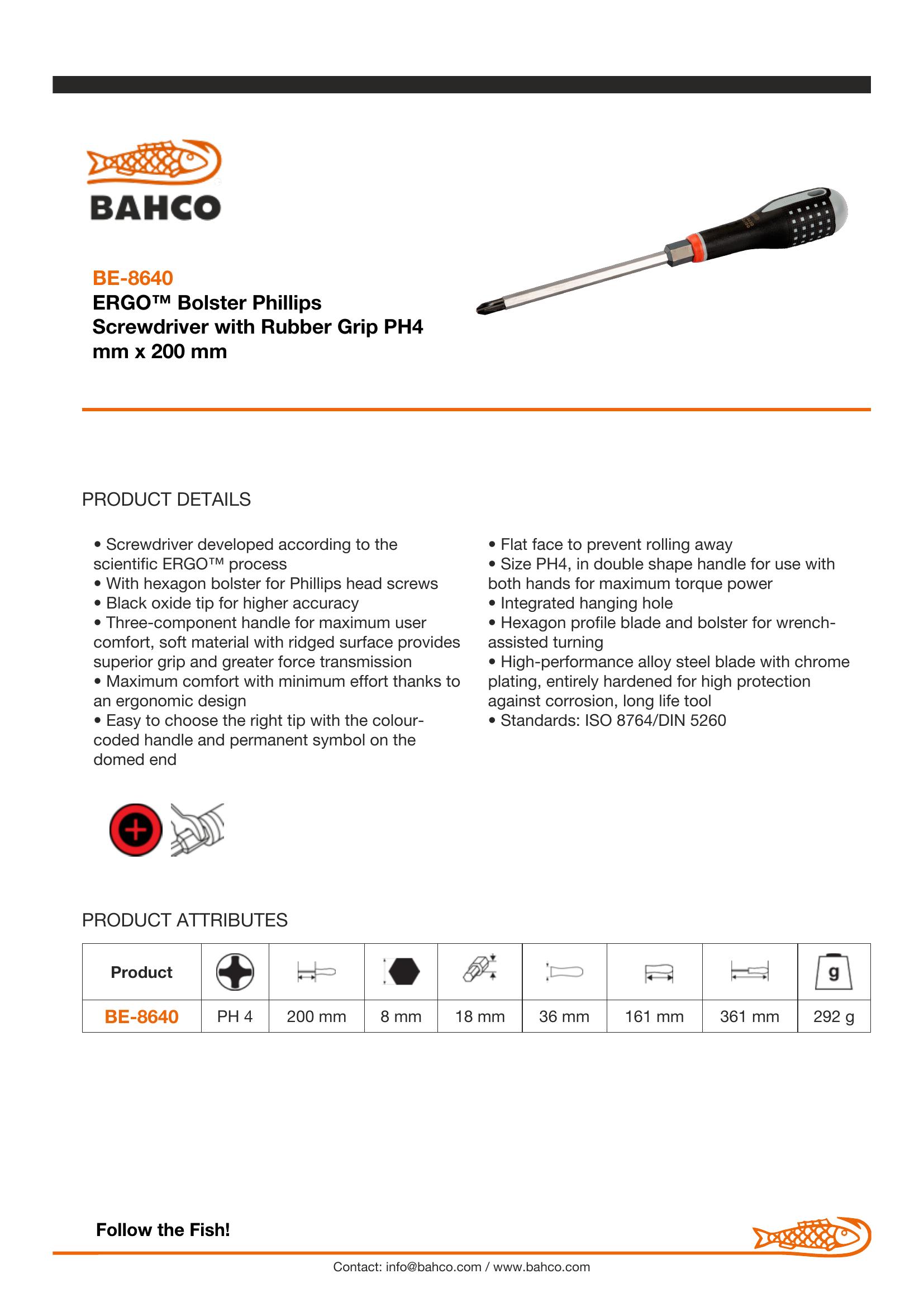 Bahco ERGO handled Screwdriver, Philips head, 361mm, blade 200mm, No. 4 - Image 3