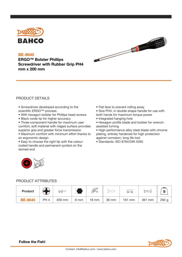 Bahco ERGO handled Screwdriver, Philips head, 361mm, blade 200mm, No. 4 - Image 3
