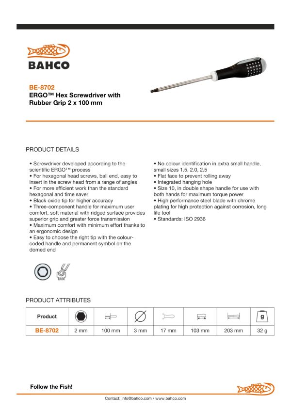 Bahco ERGO handled Screwdriver. Hexagon Ball End, 222mm, blade 100mm, 2mm tip - Image 4