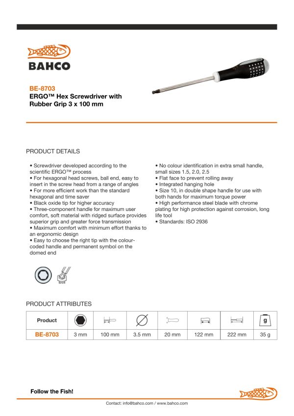 Bahco ERGO handled Screwdriver. Hexagon Ball End, 222mm, blade 100mm, 3mm tip - Image 4