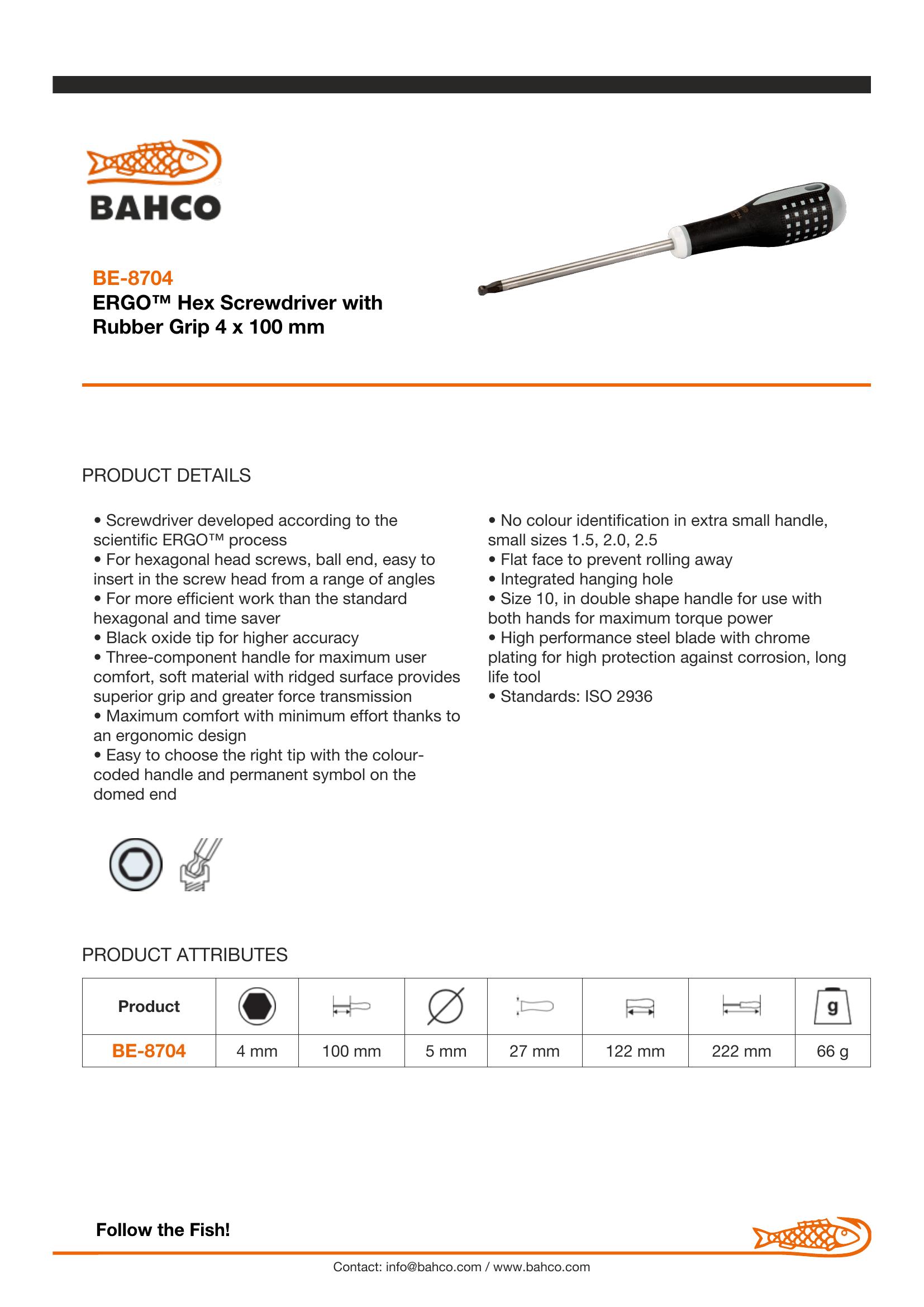 Bahco ERGO handled Screwdriver. Hexagon Ball End, 222mm, blade 100mm, 4mm tip - Image 4