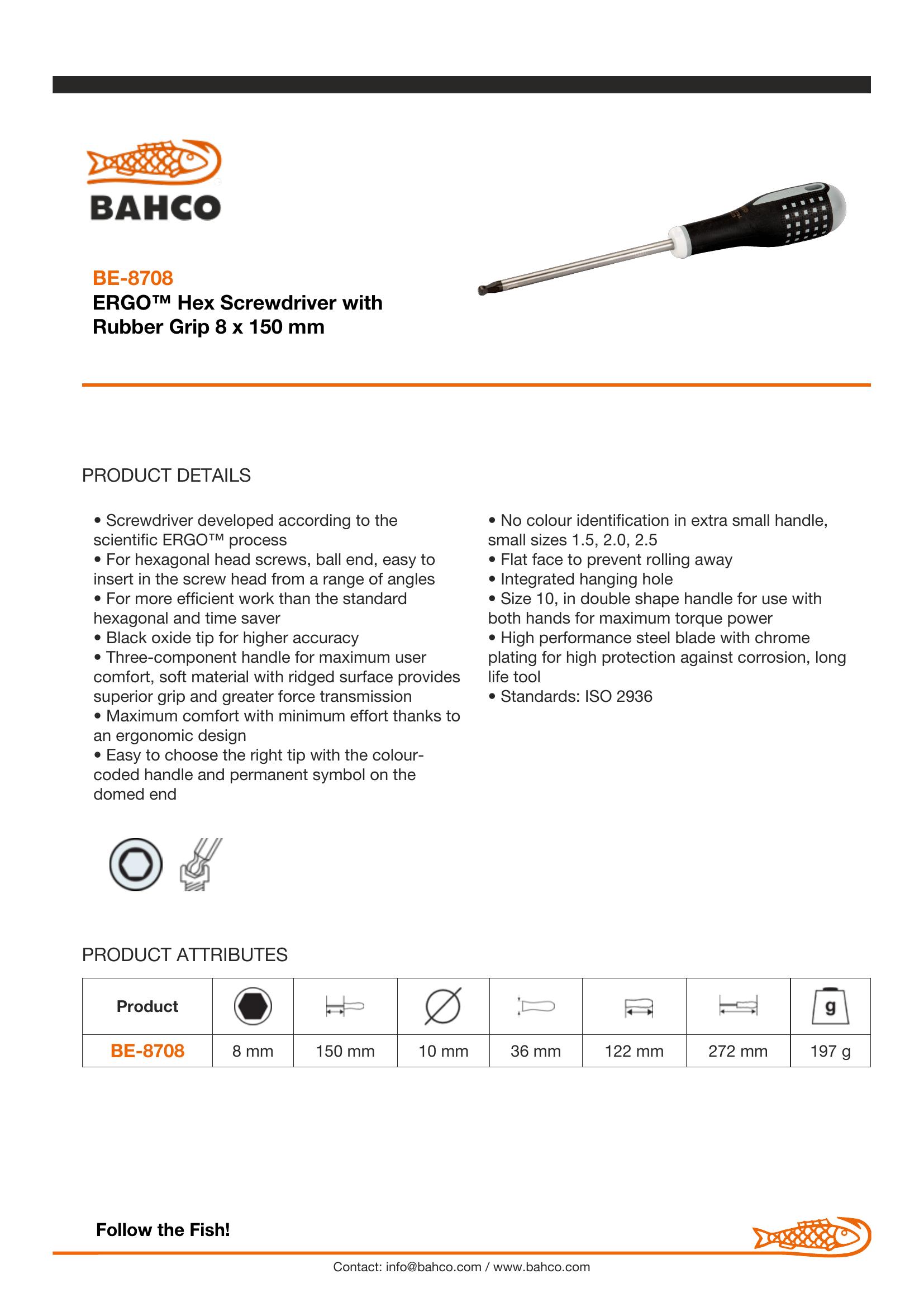 Bahco ERGO handled Screwdriver. Hexagon Ball End, 272mm, blade 150mm, 8mm tip - Image 4