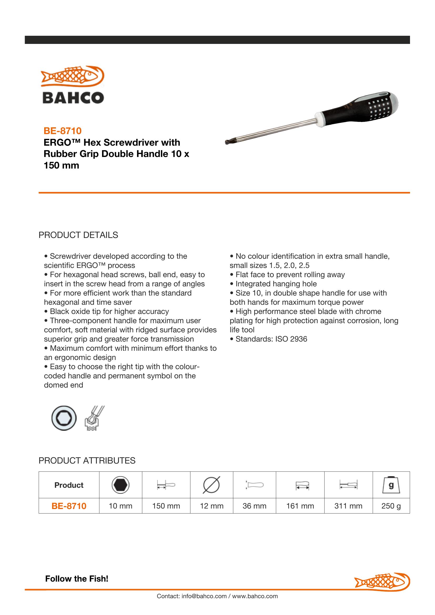 Bahco ERGO handled Screwdriver. Hexagon Ball End, 311mm, blade 150mm, 10mm tip - Image 4
