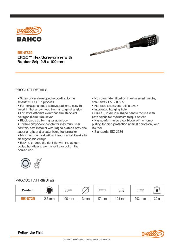 Bahco ERGO handled Screwdriver. Hexagon Ball End, 222mm, blade 100mm, 2.5mm tip - Image 4
