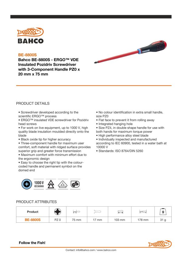 Bahco ERGO handled Screwdriver, insulated to 1000V, Pozidriv PZ0 - Image 5