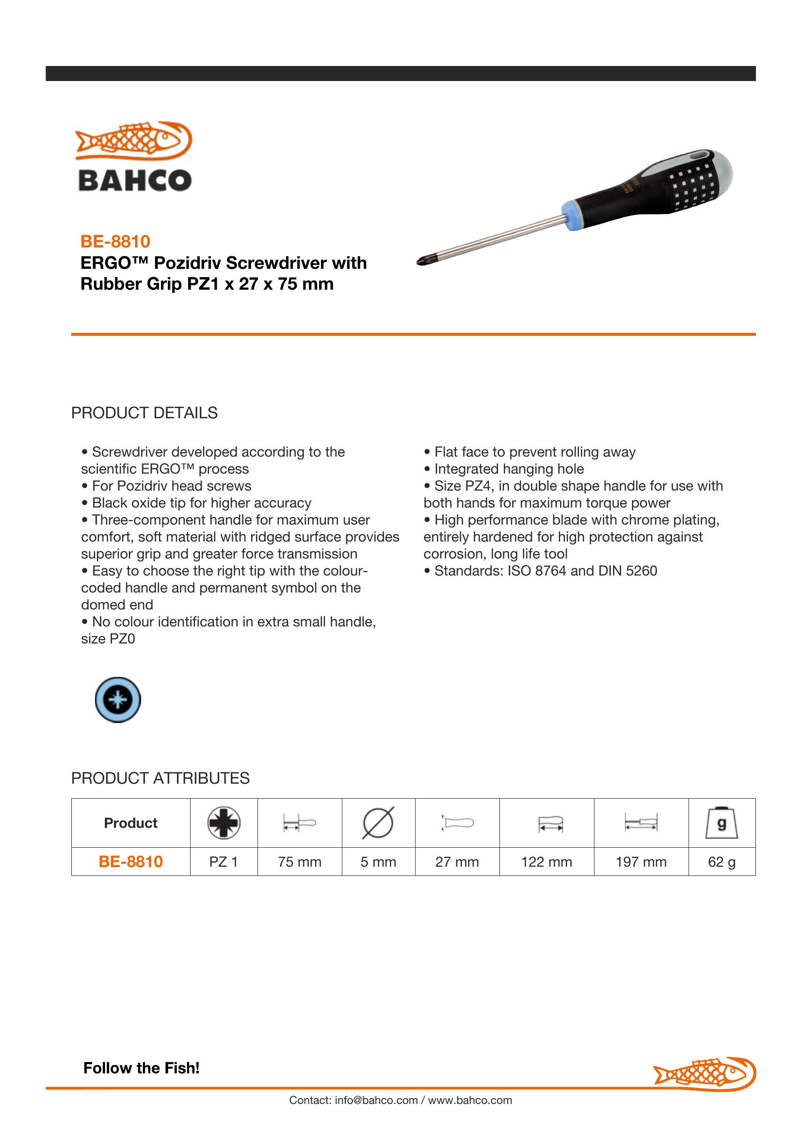 Bahco ERGO handled Screwdriver, pozidriv, 197mm, blade 75mm, No. 1 - Image 3