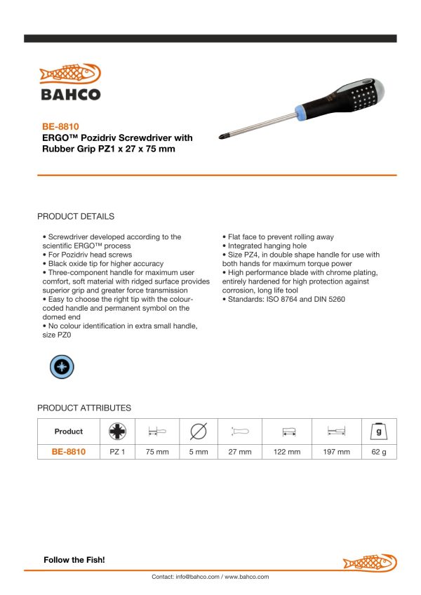 Bahco ERGO handled Screwdriver, pozidriv, 197mm, blade 75mm, No. 1 - Image 3